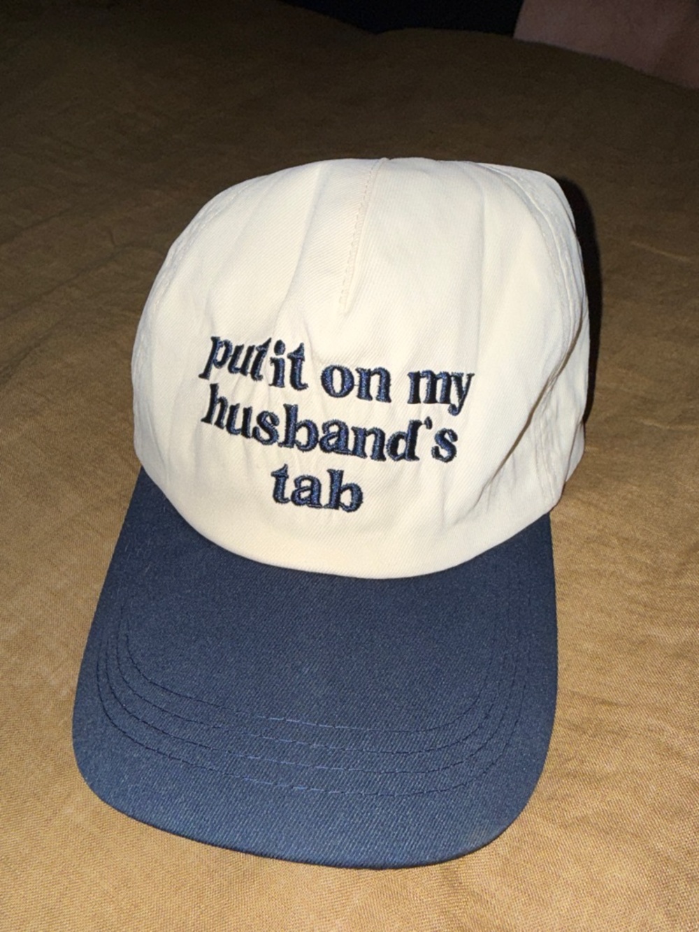 Cream & Navy Embroidered Baseball Hat Cap - “Put It On My Husband's Tab”